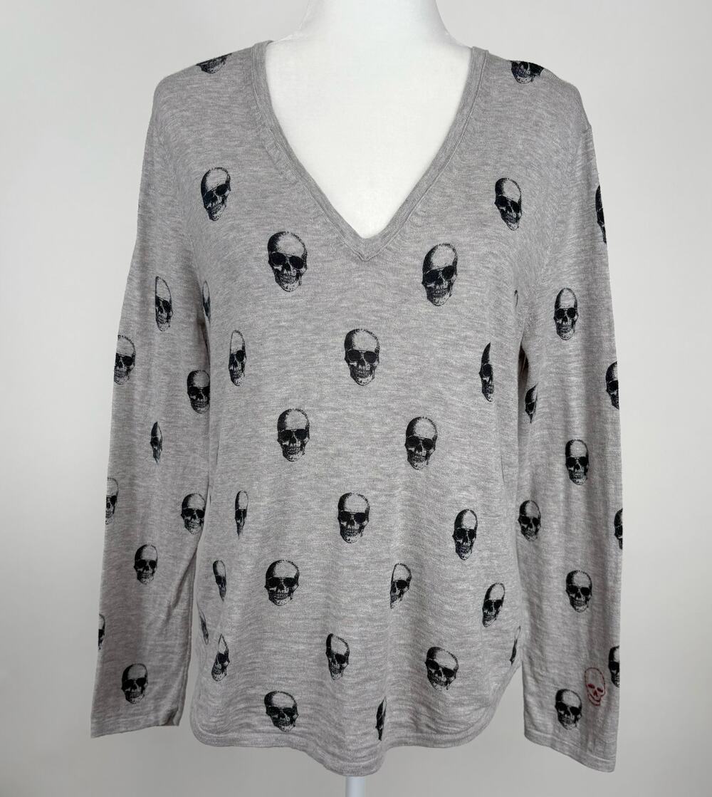 Skull Cashmere Aya Cotton Long Sleeve V-Neck Lightweight Knit Top Size Small